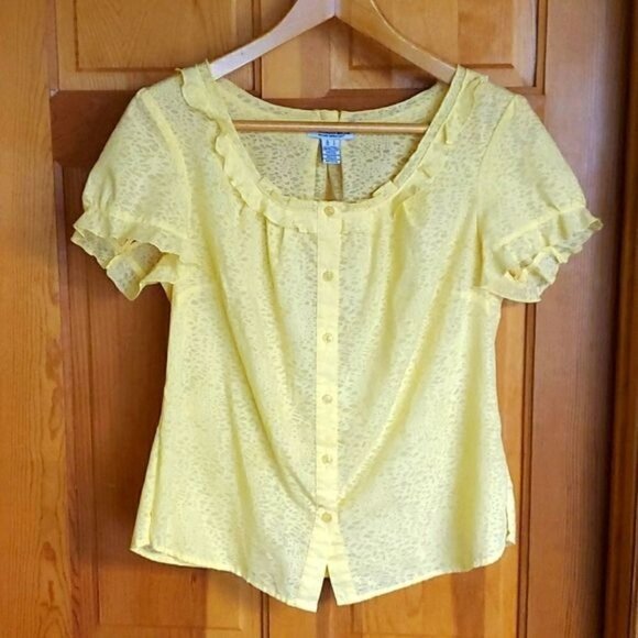Caribbean Joe Yellow Ruffled Neck & Short Sleeve Button Down Sz L Blouse Tunic - Picture 1 of 8